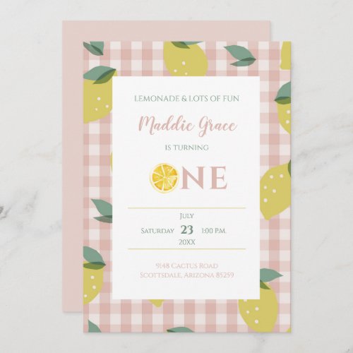 Lemonade Sunshine Pink Plaid First Birthday Invitation