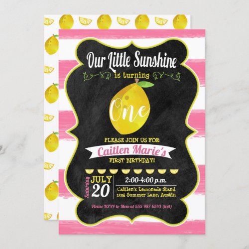 Lemonade Sunshine Pink Yellow Chalkboard Birthday Invitation