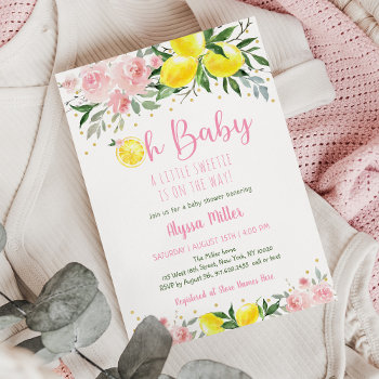 Lemonade Sweetie Pink Floral Baby Shower Invitation by LittlePrintsParties at Zazzle