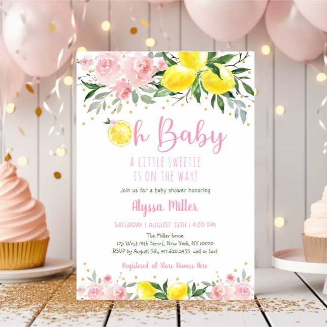 Lemonade Sweetie Pink Floral Baby Shower Invitation (Creator Uploaded)