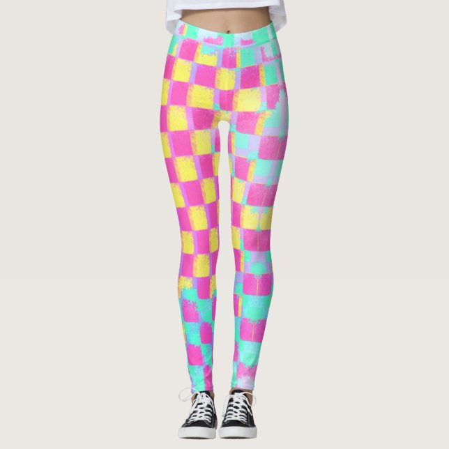 Lemonberry Neo Mint Grungy Checkerboard Pattern Leggings (Front)