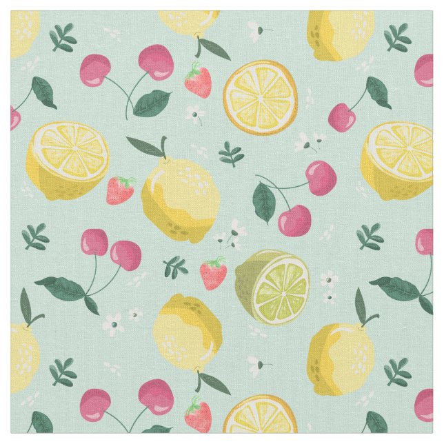 Lemonds, Cherries and Strawberries Fruit Pattern Fabric (Close Up)