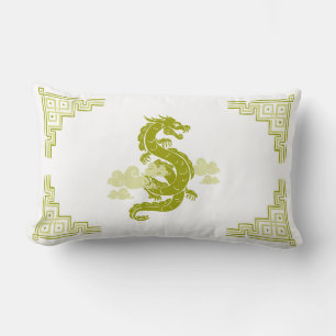 Lemongrass Green Chinoiserie Dragon and Clouds Lumbar Pillow