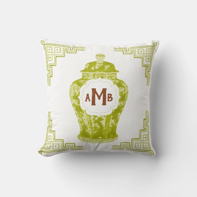 Lemongrass Green Chinoiserie Ginger Jar Monogram Throw Pillow (Front)