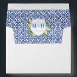 Lemons Amalfi Blue Tiles Monogram Return Address Envelope<br><div class="desc">Return Address envelope design. The liner features a vintage blue and white tile print and a couples monogram lemons crest. The reverse flap has the name/ return address in pale blue and cobalt blue, complemented by a single watercolor lemon with leaves, handpainted by me. This design matches my lemons /...</div>
