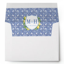Lemons Amalfi Blue Tiles Monogram Return Address Envelope