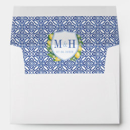 Lemons Amalfi Blue Tiles Monogram Return Address Envelope