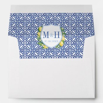 Lemons Amalfi Blue Tiles Monogram Return Address Envelope by DulceGrace at Zazzle