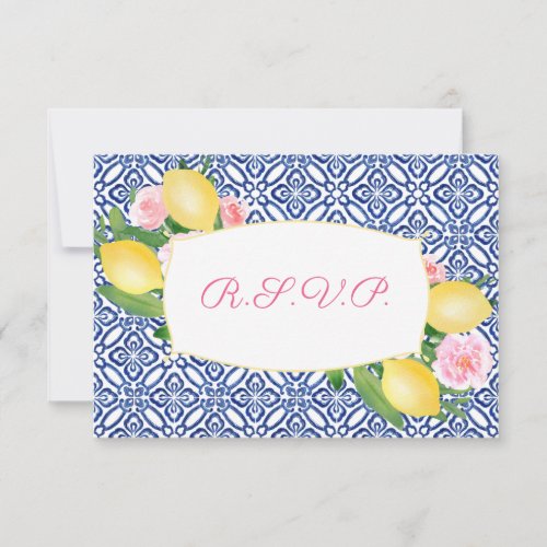 Lemons Amalfi Blue Tiles Wedding Meal Options RSVP Card