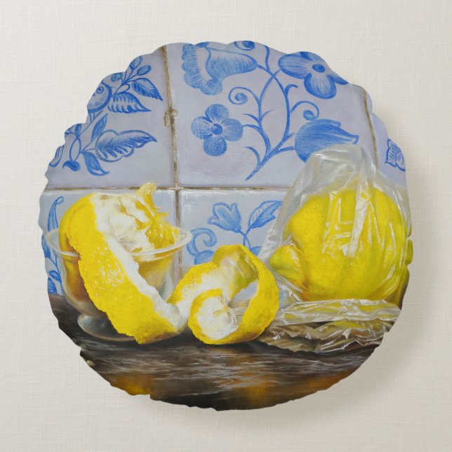 Lemons and Azulejos — Classic Blue & Yellow Still  Round Pillow (Front)