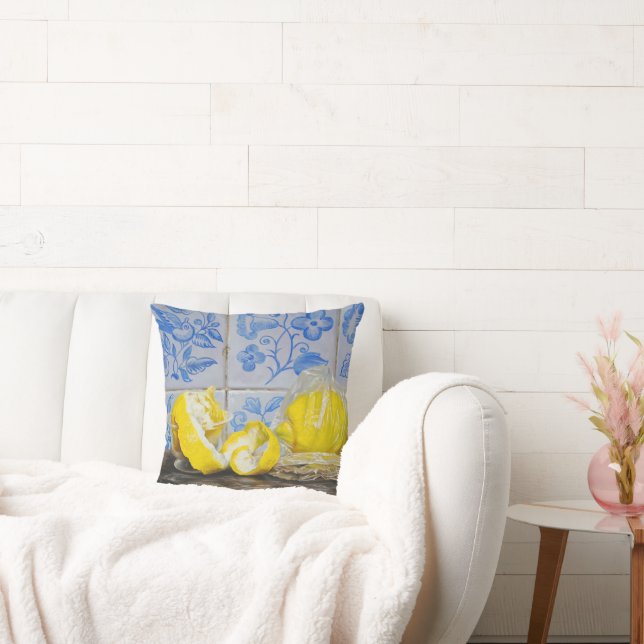 Lemons and Azulejos — Classic Blue & Yellow Still  Throw Pillow (Couch)