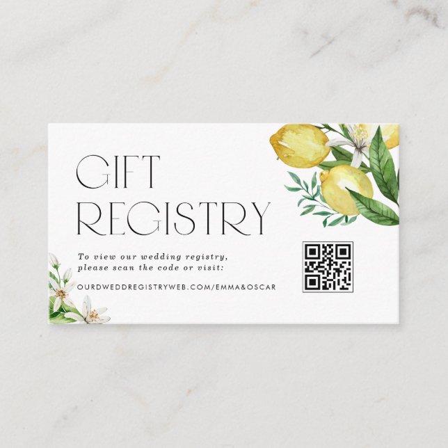 Lemons and Blossoms QR Code Wedding Registry Enclosure Card (Front)