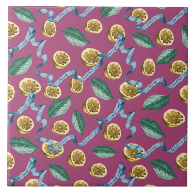 Lemons and blue ribbons pattern ceramic tile (Front)