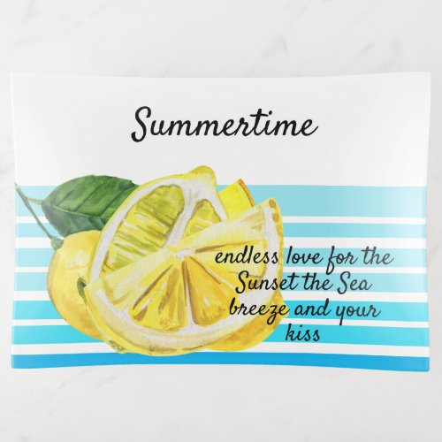 Lemons and blue stripes Beach vibes watercolor Trinket Tray