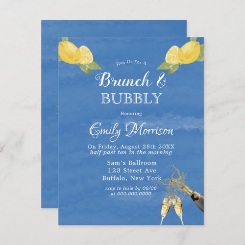 Lemons and Blue Watercolor Brunch  Bubbly  Invitation