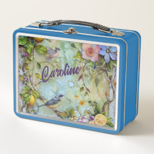 Lemons and Bluebirds Watercolor Metal Lunch Box