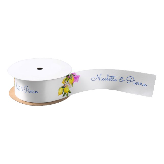 Lemons and bougainvillea personalized name gift satin ribbon (Spool)
