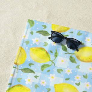 Lemons and Daisies Blue Plaid Beach Towel