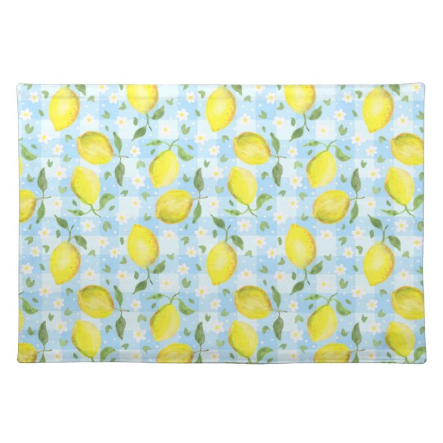 Lemons and Daisies Blue Plaid Cloth Placemat (Front)