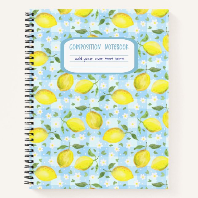Lemons and Daisies Blue Plaid Composition Notebook (Front)