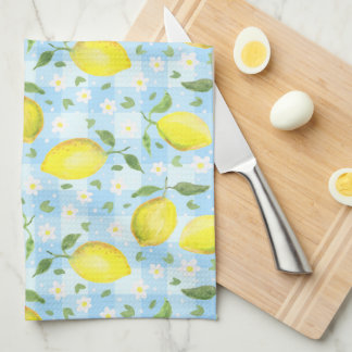 Lemons and Daisies Blue Plaid Kitchen Towel