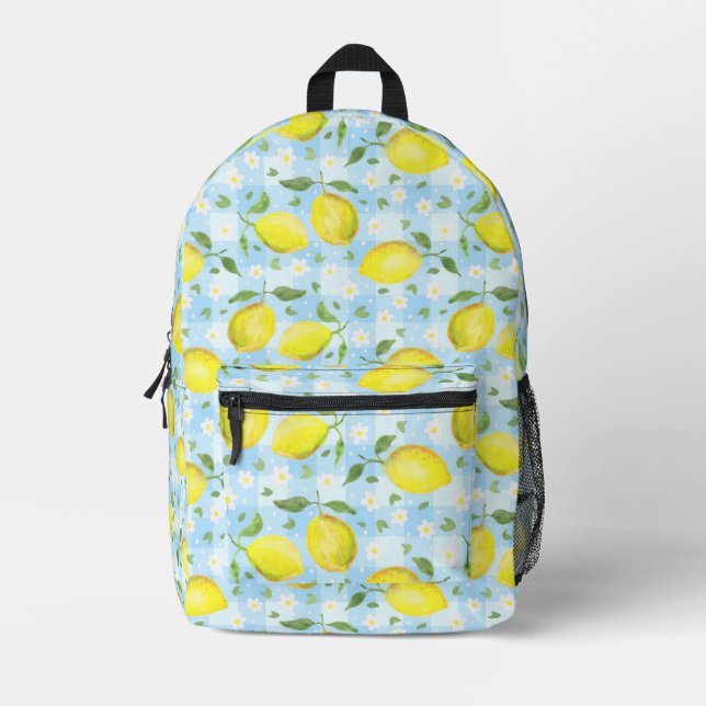 Lemons and Daisies Blue Plaid Printed Backpack (Front)