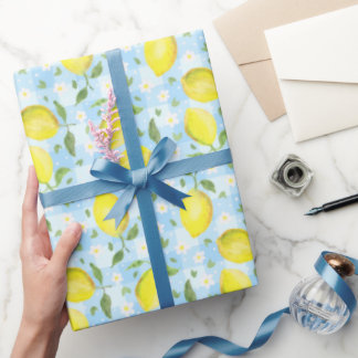 Lemons and Daisies Blue Plaid Wrapping Paper
