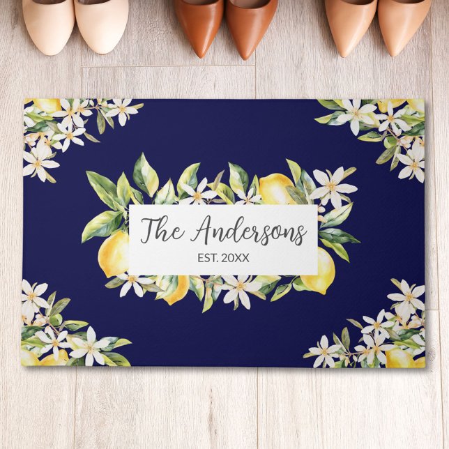 Lemons and Flowers Floral Botanical Family Name Doormat (In situ)