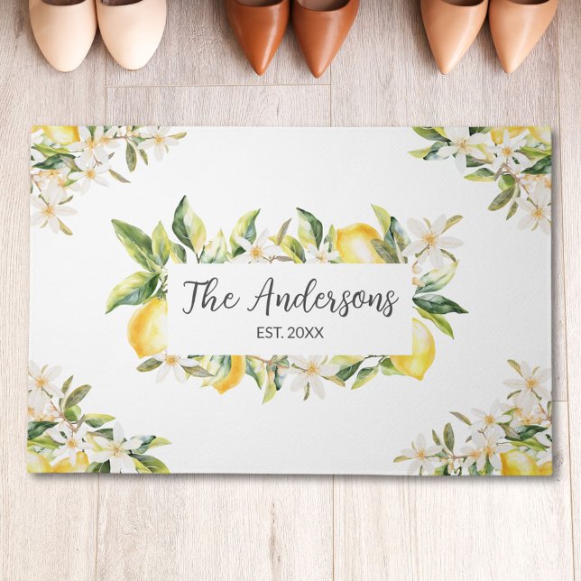 Lemons and Flowers Floral Botanical Family Name Doormat (In situ)