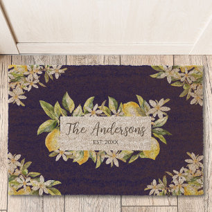 Lemons and Flowers Floral Botanical Family Name Fiber Doormat