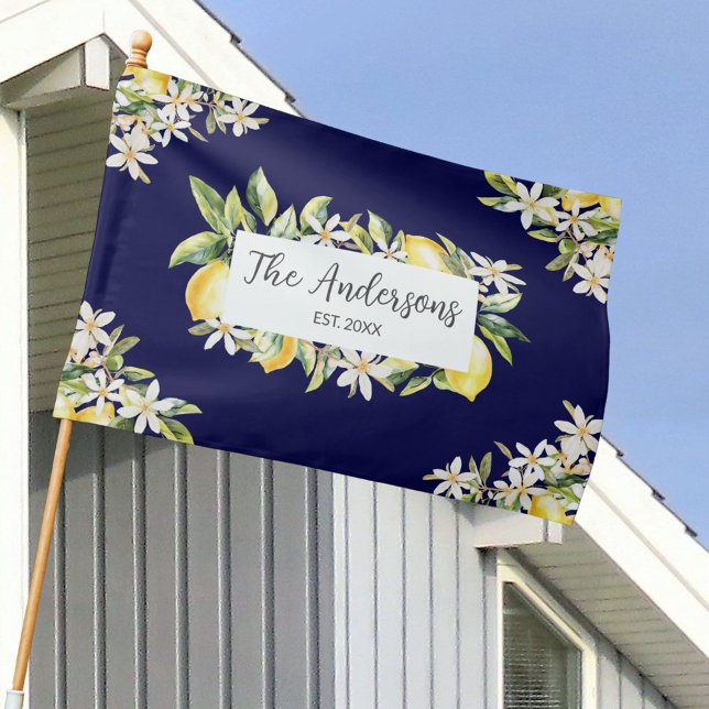 Lemons and Flowers Floral Botanical Family Name House Flag (In situ)