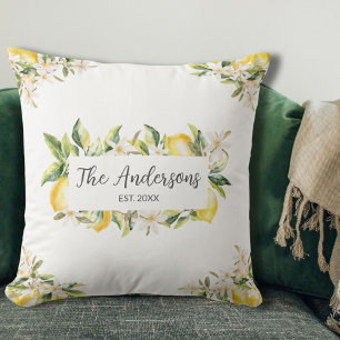 Lemons and Flowers Floral Botanical Family Name Throw Pillow