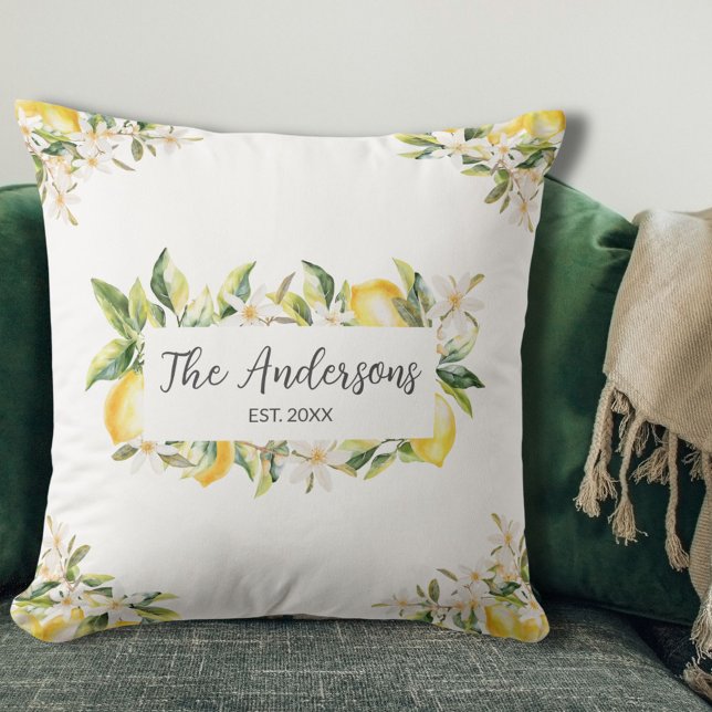 Lemons and Flowers Floral Botanical Family Name Throw Pillow (In situ)