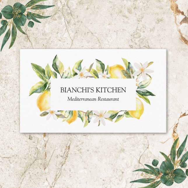 Lemons and Flowers Mediterranean Floral Botanical Business Card (Close up)