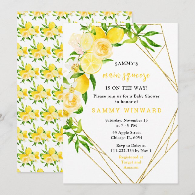 Lemons and Flowers with Foliage Baby Shower Invitation (Front/Back)