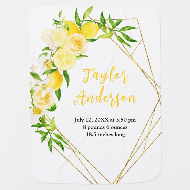 Lemons and Foliage Baby Birth Stats Baby Blanket (Front)