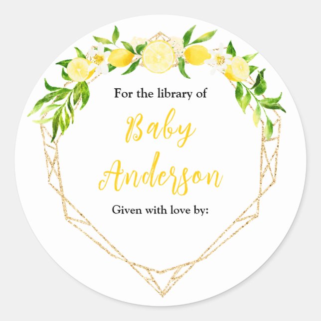 Lemons and Foliage Baby Shower Bookplate (Front)