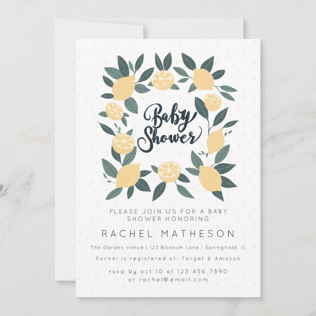 Lemons and foliage baby shower invitation (Front)