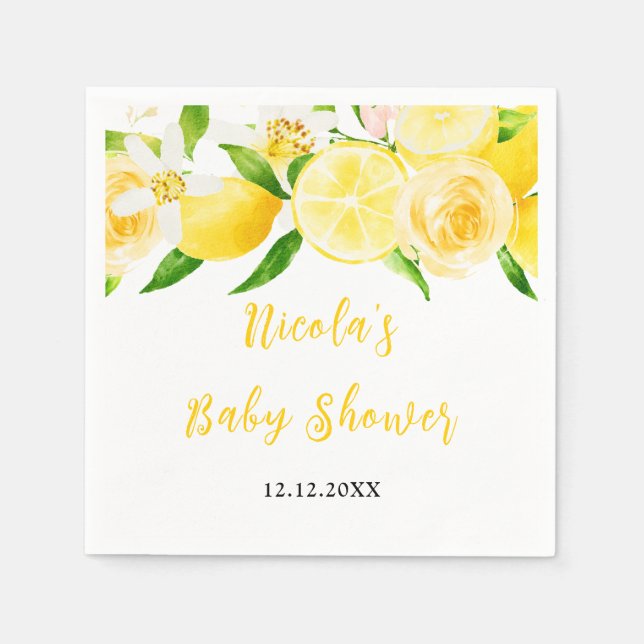 Lemons and Foliage Baby Shower Napkins (Front)