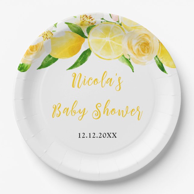 Lemons and Foliage Baby Shower Paper Plates (Front)