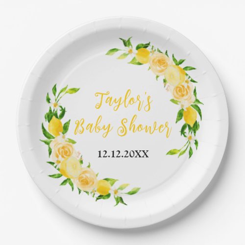 Lemons and Foliage Baby Shower Paper Plates