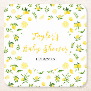 Lemons and Foliage Baby Shower Square Paper Coaster