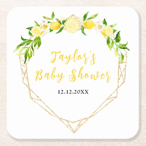 Lemons and Foliage Baby Shower Square Paper Coaster