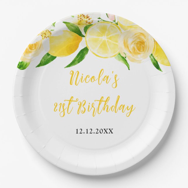 Lemons and Foliage Birthday Paper Plates (Front)