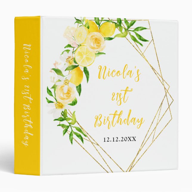 Lemons and Foliage Birthday Party Photo Album 3 Ring Binder (Front/Spine)