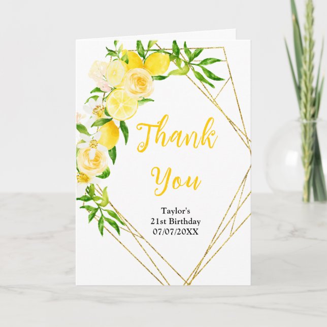 Lemons and Foliage Birthday Party Thank You Card (Front)