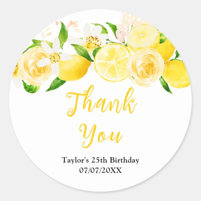 Lemons and Foliage Birthday Party Thank You Classic Round Sticker (Front)
