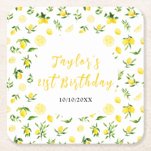 Lemons and Foliage Birthday Square Paper Coaster