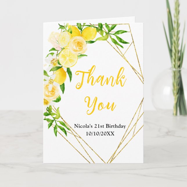 Lemons and Foliage Birthday Thank You Card (Front)