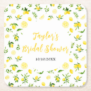 Lemons and Foliage Bridal Shower Square Paper Coaster